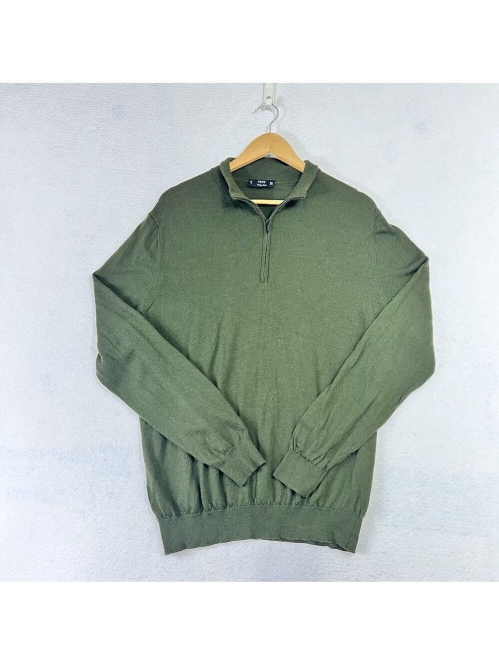 Mango MNG Men Merino Wool Sweater Green 1/4 Zip Size L Lightweight Preppy